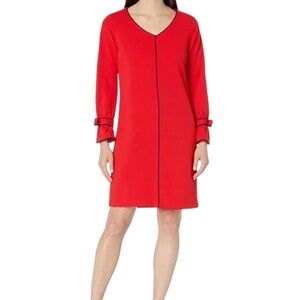 Sharagano Chinese Women's Red Dress w/ Deep Navy Trim Bow Accents on Sleeves. 12